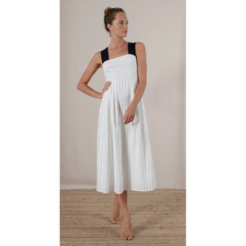 Luxmii Gessato Linen Midi Dress White Black Pinstripe Women's Size XS MSRP $299